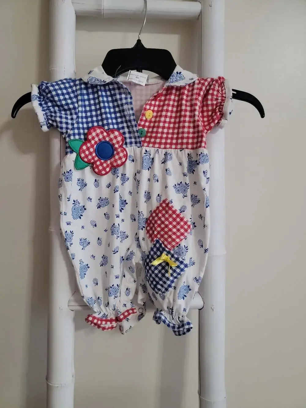 Vintage Baby Romper 3-6M Patchwork Gingham Plaid Floral One Piece Short Sleeve